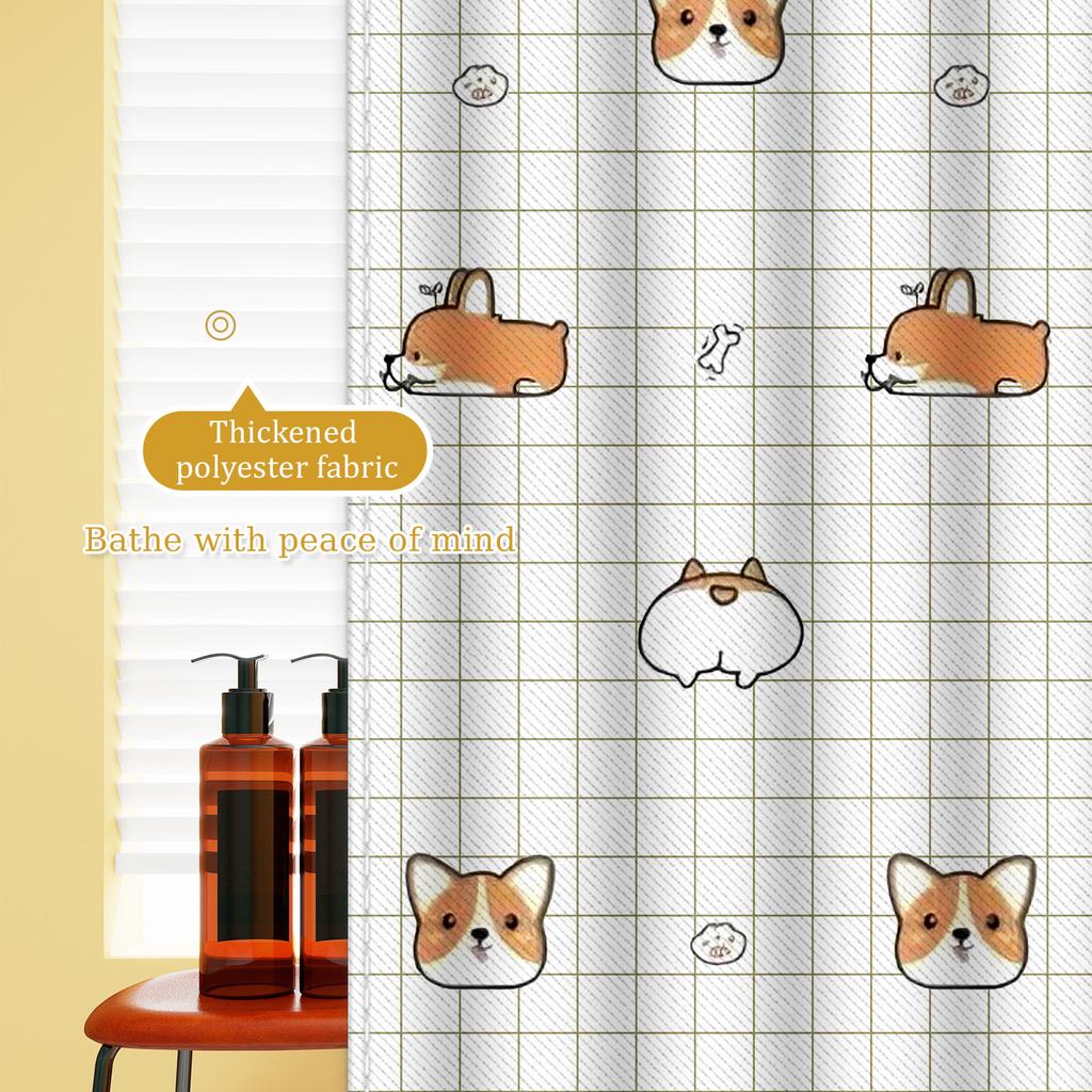 Cute Cartoon Corgi Shower Curtain - Playful Polyester for Fun Dog Lover Bathrooms
