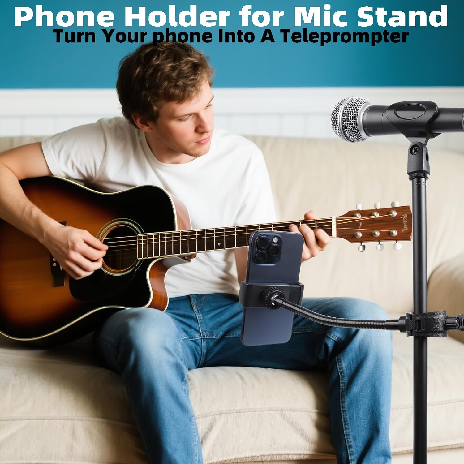 Гибкий держатель для телефона на микрофонную стойку, Регулируемое крепление для телефона с 7,9-дюймовой гибкой ножкой для микрофонной стойки, Совместим с iPhone 16 15 14 13 12 Pro