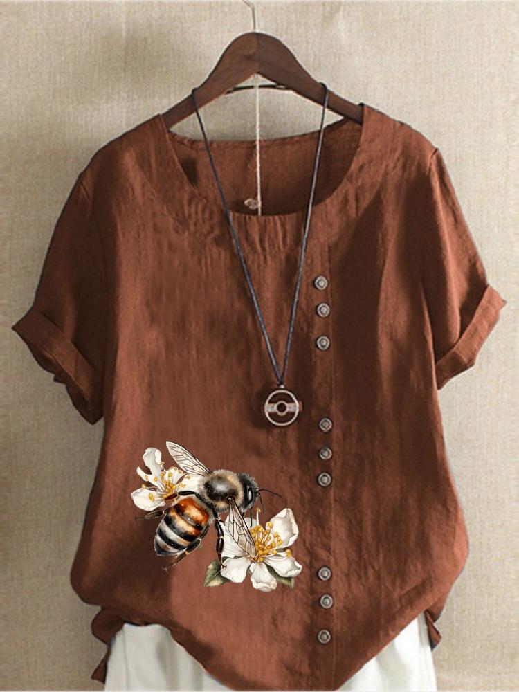 Women's Fashion Bee Flower Print Shot Sleeve T-shirt Loose Cotton Shirt Casual Loose Summer Blouse Tops Plus Size