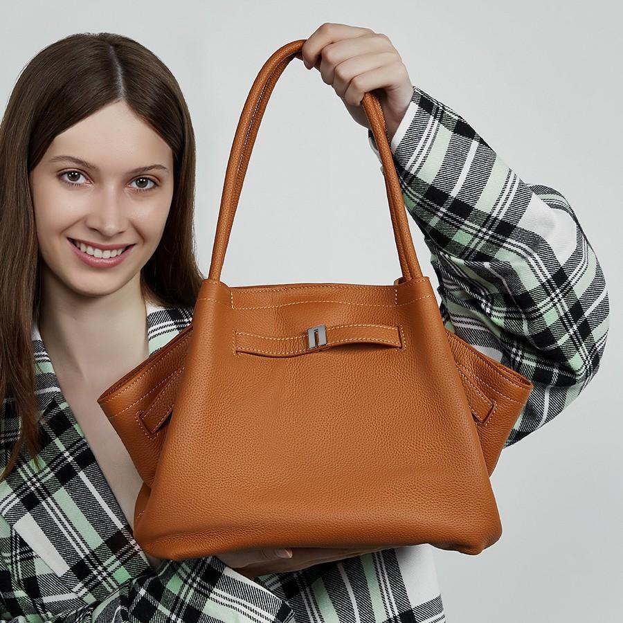 The First Layer Of Cowhide Large Fashionable And Simple Hand Bag Pleated Vegetable Basket Bag Temperament Genuine Leather Shoulder Portable Bag