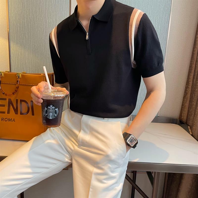 Men's Trendy Summer Contrast Lapel Polo Shirt – Zippered, Color-Block, Breathable, Casual Knit Short Sleeve