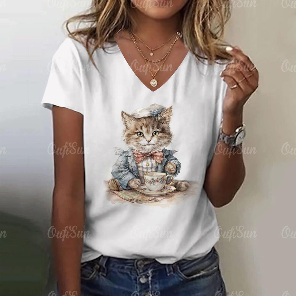 3D Cartoon Cat Print Cute Animal Women's T-shirts Casual Streetwear Short Sleeves Tees Pullover Summer New Women Clothing Tops