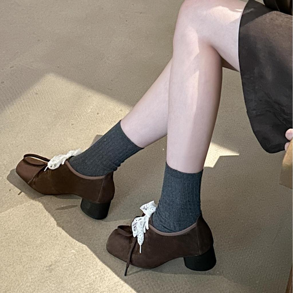 Cowhide version~ French retro lace Mary Jane small leather shoes women's square head thick heel lace-up ballet shoes single shoes women