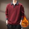 Men's Retro Heavyweight Denim Polo Hoodie with Color Block Patchwork and Plus Velvet for Autumn