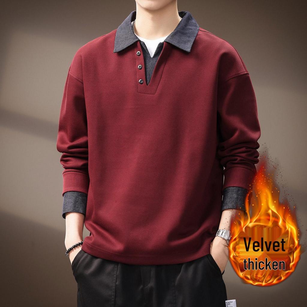 Men's Retro Heavyweight Denim Polo Hoodie with Color Block Patchwork and Plus Velvet for Autumn