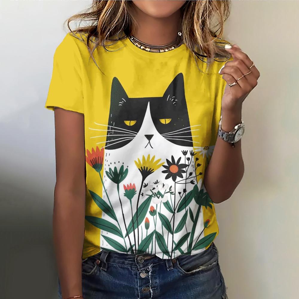 Schönes Katzenmotiv Damen O-Ausschnitt Locker Kurzarm T-Shirts Kawaii Stil Pullover