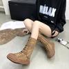 Fashion Outdoor Roman Style Women's Flat-bottomed Boots Winter Retro Style Suede Canvas Stitching Fashion Zipper Design Fashion Boots
