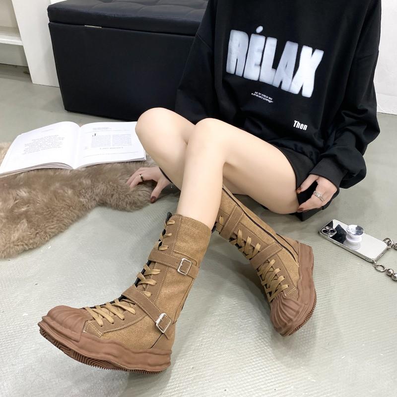 Fashion Outdoor Roman Style Women's Flat-bottomed Boots Winter Retro Style Suede Canvas Stitching Fashion Zipper Design Fashion Boots