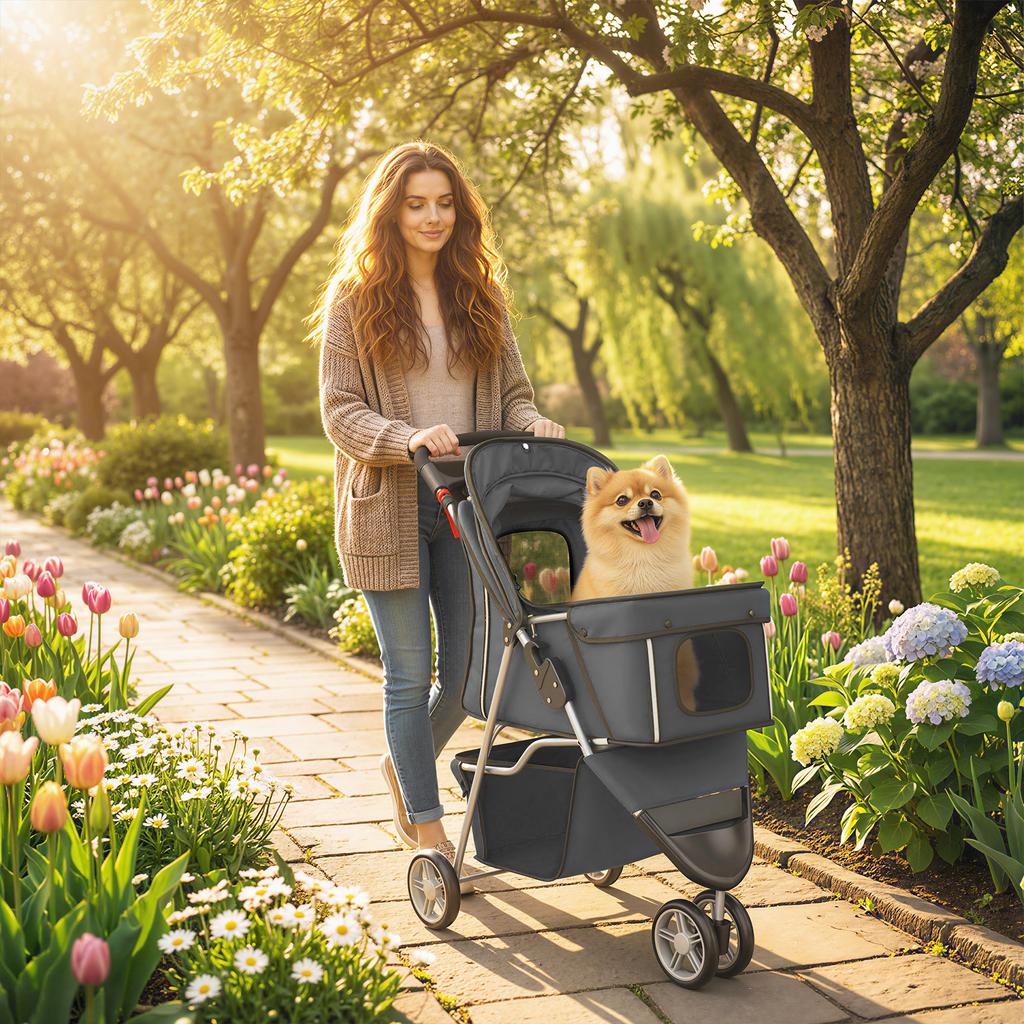 Dog Stroller, 3 Wheels Foldable Pet Stroller with Adjustable Canopy, Storage Basket for Small Mini Breeds, Dark Grey