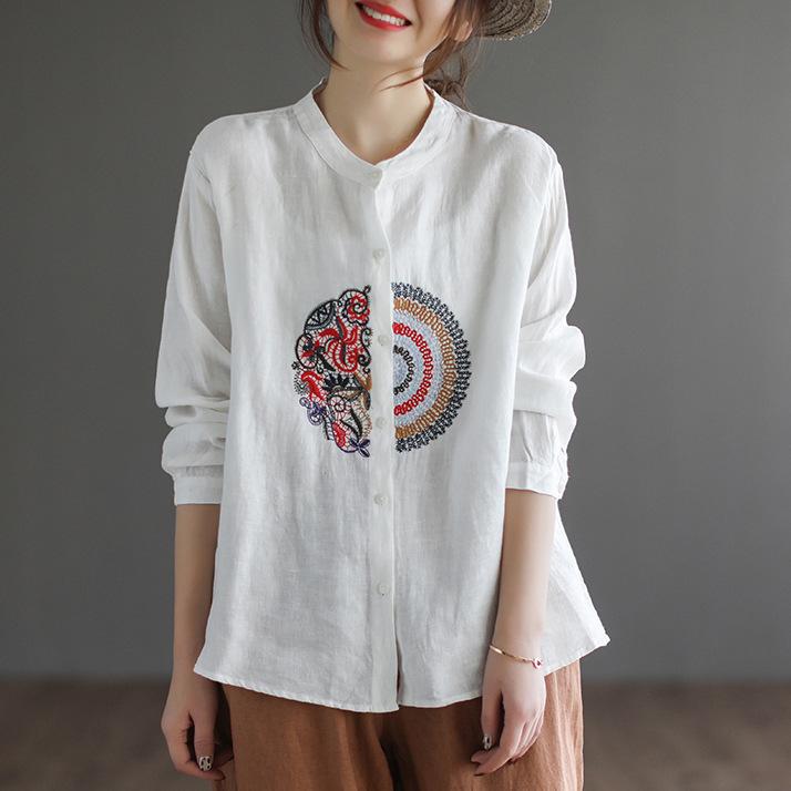 Women Casual Shirts Arrival Spring Vintage Style Stand Collar Embroidery All-match Loose Female Long Sleeve