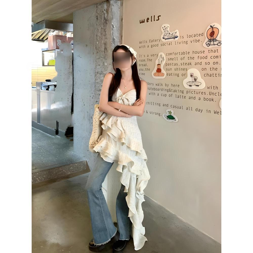 Heavy Industry Lotus Leaf Sling Dress Women's Holiday Cut Irregular Medium and Long Dress Summer