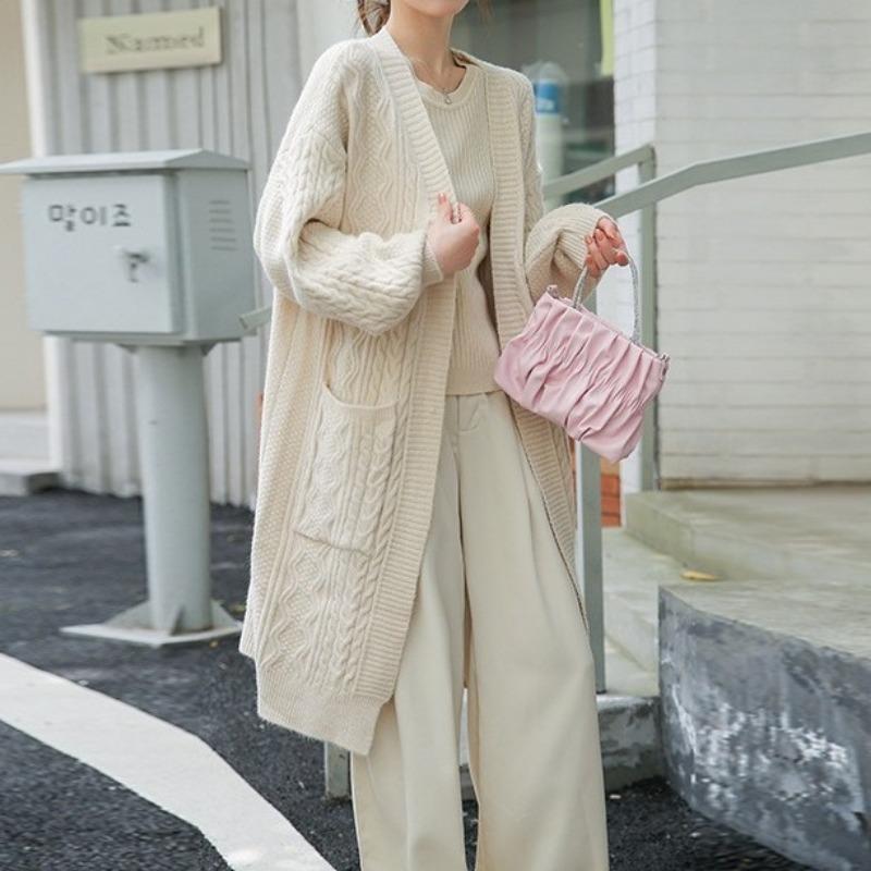 

Вязаный кардиган куртка женский осенне-зимний новый свободный большой размер ленивый ветер средней длины утолщенный свитер с косами прилив One size