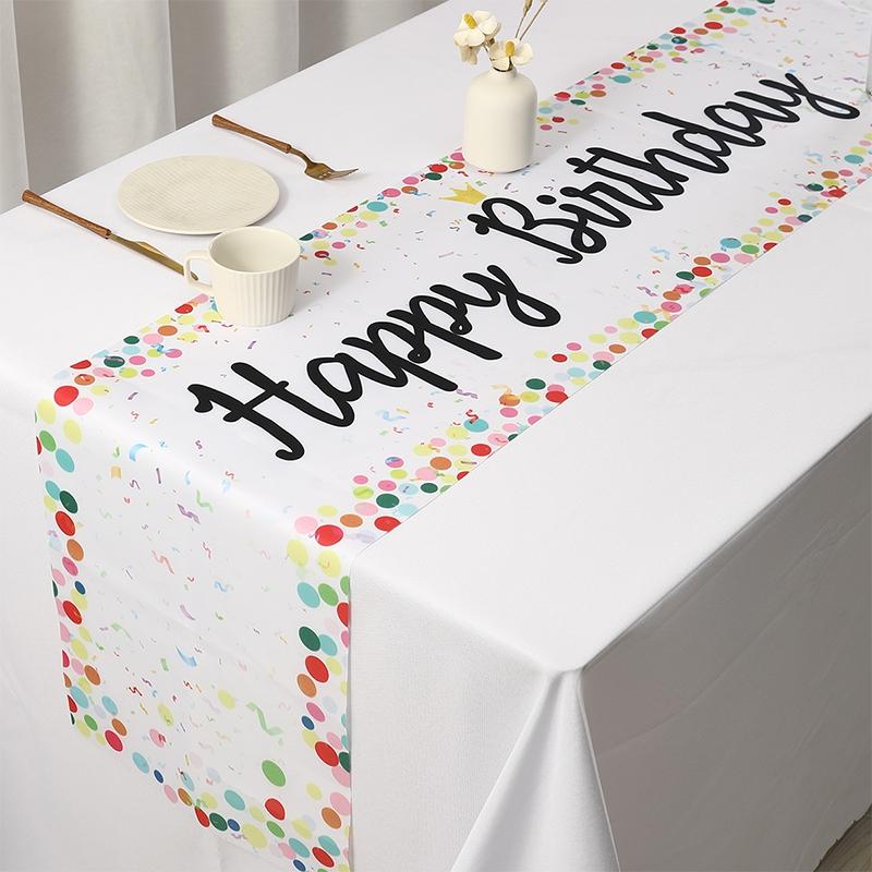 Colorful Polka Dot Pattern Decorative Table Runner, Happy Birthday Theme Polyester Table Flag, Birthday Party Table Ornament