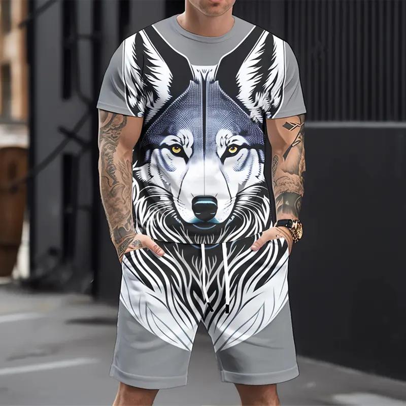 Men's Casual Sports Suit Printed 3D Fierce Wolf Pattern Suit, Summer Casual Breathable Suit
