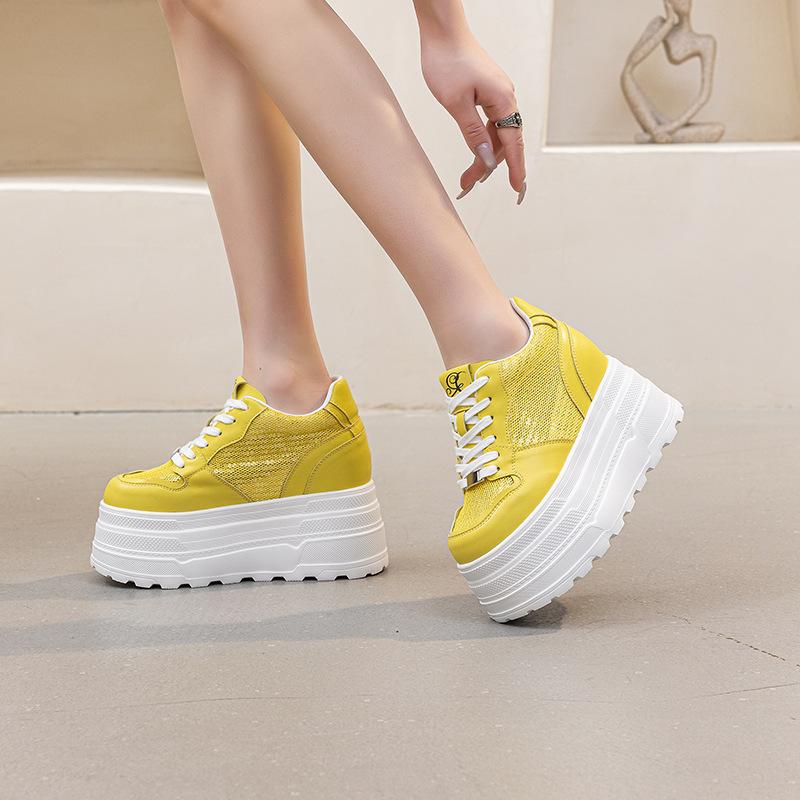 

Casual single shoes women s 2025 spring and autumn new super high heel thick sole inner height increase of 12 cm small white shoes breathable and ve 39