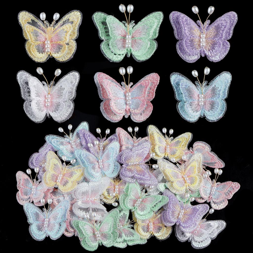 6pcs Double Layer Pearl Mesh Lace Butterfly Patches For Clothes Sewing Supplies DIY Hair Clip Accessories Butterfly Appliques