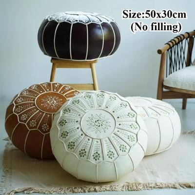 50x30cm Marokkaanse PU Leer Poef Borduur Ambacht Zacht Ottomaans Voetenbankje Woondecoratie Kunstleer Ongestoffeerd Kussen