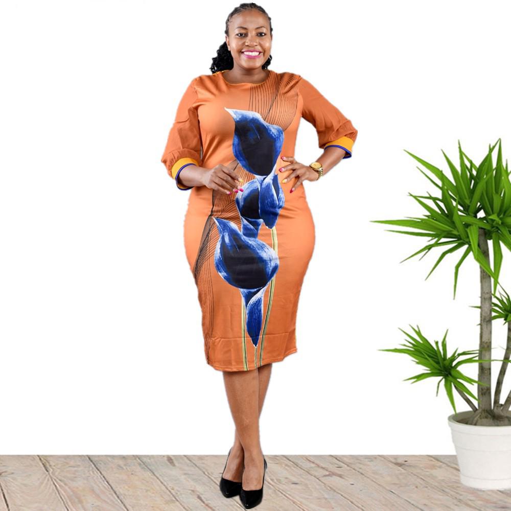 6XL African Plus Size Women's Three-Quarter Sleeve Round Neck Print Dress