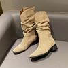 Fashion Stacked Knight Boots Retro Thick Heel Square Head 2024 Spring and Autumn New Women's Ruffled High Sleeve Boots