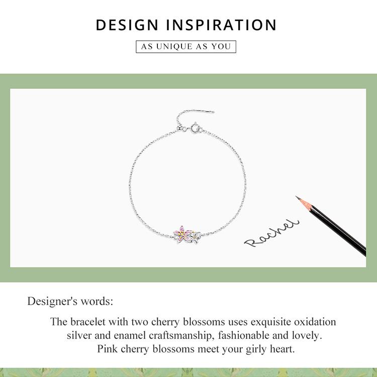 BAMOER 925 Sterling Silver Beautiful Cherry Blossom Bracelet Adjustable Silver Snake Chain Link for Women Fine Jewlery Gift
