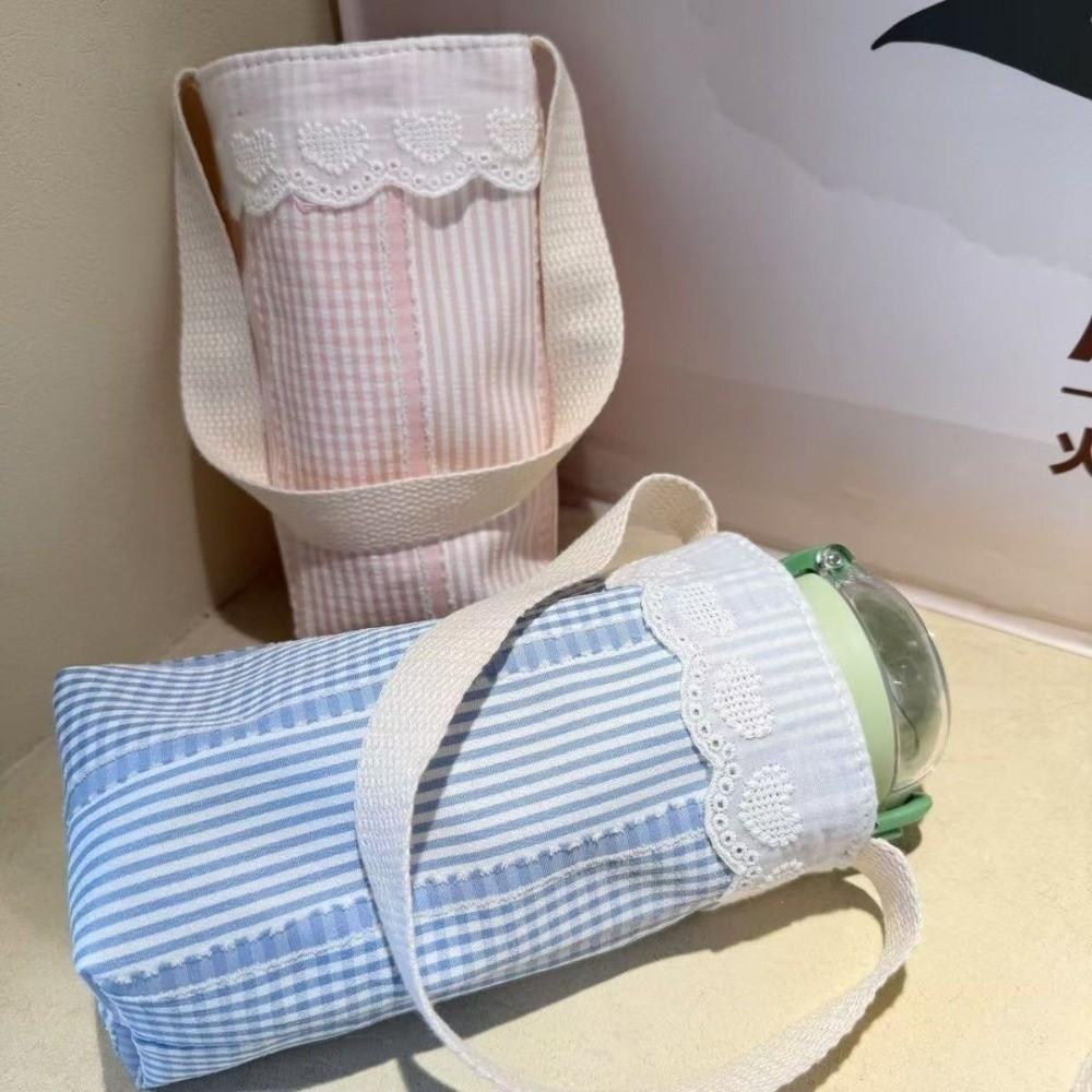 Lace Trimmed Water Bottle Cloth Bag Portable Lightweight Water Bottle Holder Handheld Floral Print Water Cup Sleeve for Students