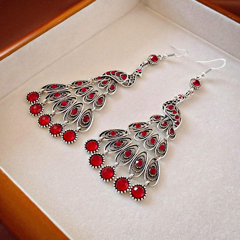 Diamond-encrusted peacock water drop fringed ear hook earrings fashion light luxury temperament earrings
