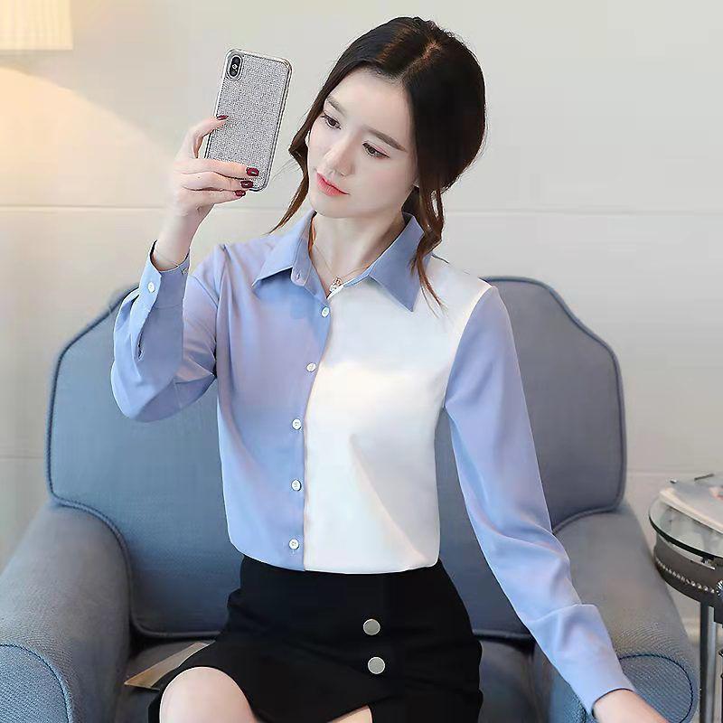 Women's Color Block Long Sleeve Chiffon Blouse - Korean Style, Spring/Autumn Versatile Loose Top