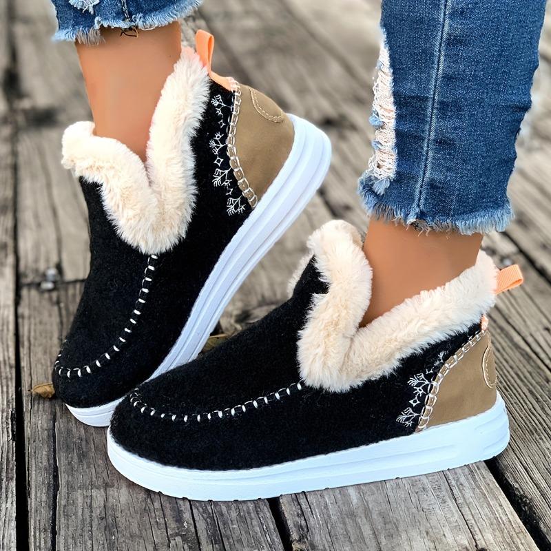 Women's Winter Ankle Boots - Slip-On Boots with Non-Slip PU Sole, Thick Cushioned insole Faux Fur-like collar - Cold Weather Shoes for Everyday