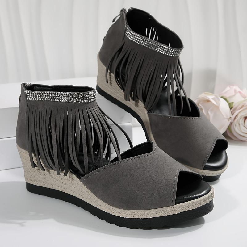 Women's Rhinestone-Embellished Wedge Sandals with Tassel Detail - Open-Toe Platform Heel, Faux Cover Upper & Sole, Thick Cushioned Sole