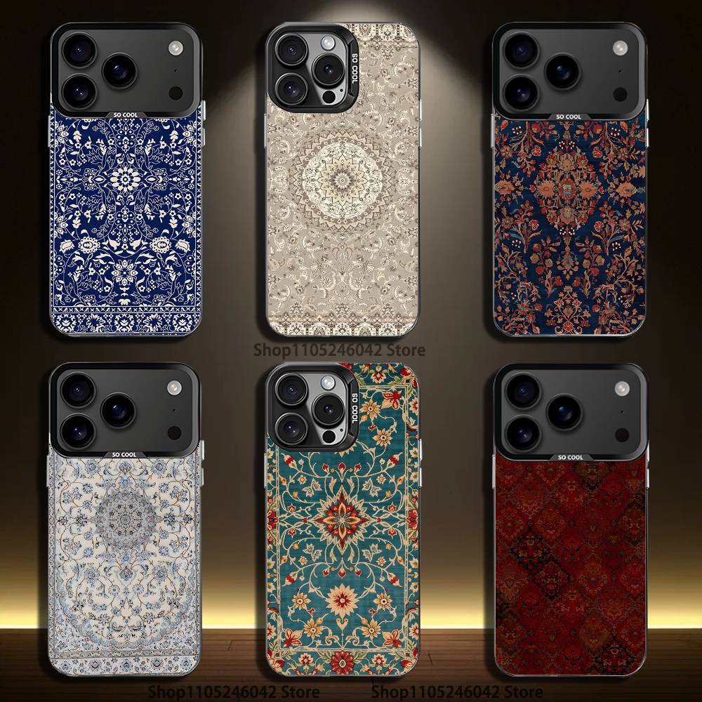 Persian Carpet Floral Pattern Black Matte Shockproof CoverPhone Case For iPhone 17,16,15,14,13,12,11,Pro,XS,Max,Plus,Mini,SE4,E