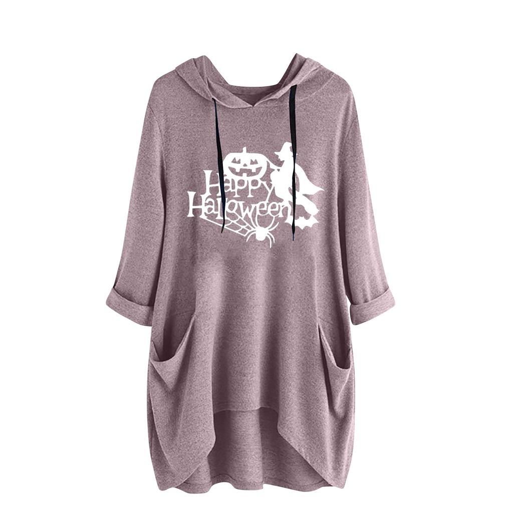 Fashion Women Casual Halloween  Print Hooded Long Sleeve Pocket Shirt Top