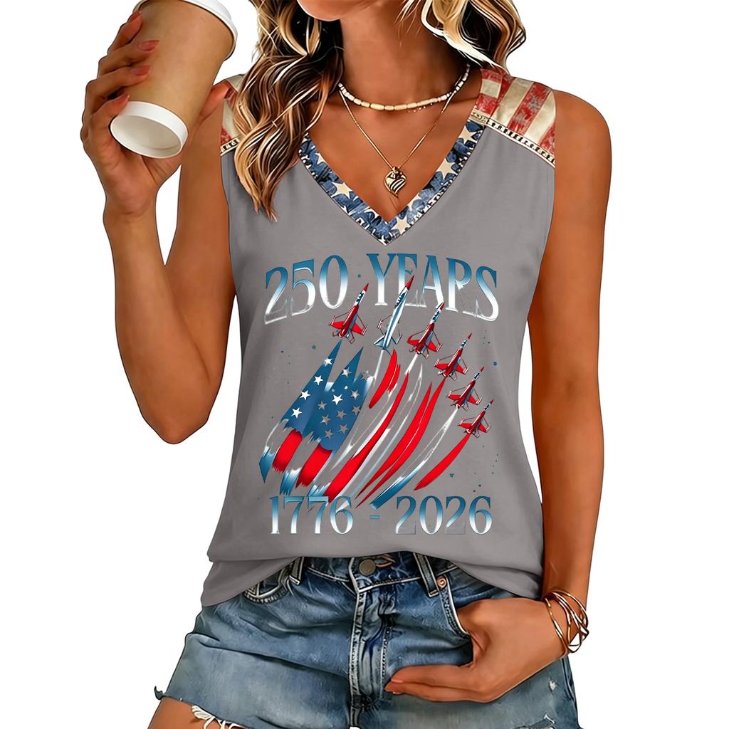 Womens V Neck Casual Short Sleeve Top with 250 Years 1776 2026 Letter Print Loose Fit Lightweight T Shirt for Summer Daily Wear