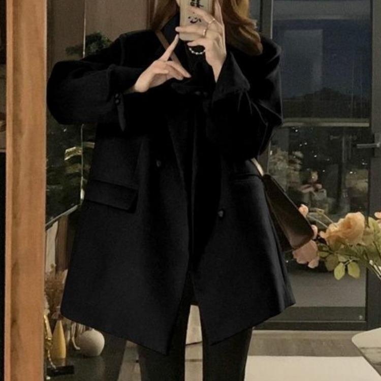 Women Office Lady Elegant Loose Retro Woolen Blazer Jacket Autumn Winter Thickened Coat Brown Korea Chic Overcoat