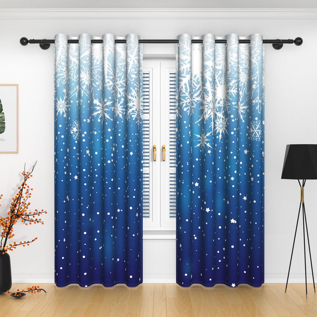 2pcs Dreamy Snow Pattern Blackout Curtains Blue Sky Winter Snow Scenery Curtains For Bedroom Simple Style Home Interior Curtains