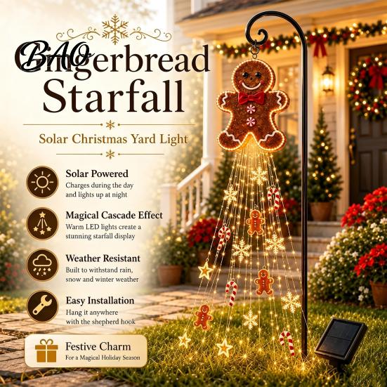 Christmas Decorations for Garden Beds Gingerbread Solar Light, Waterproof Outdoor Yard Light with Warm Metal Decor Waterfall LED, Pathway Stake