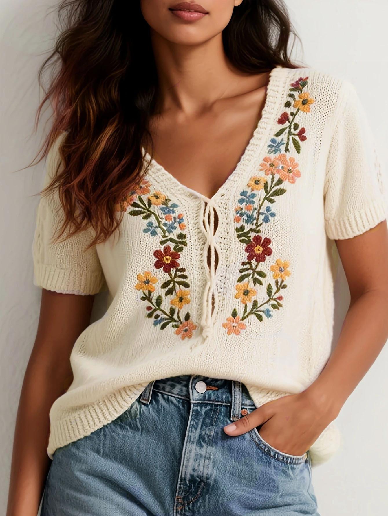 Women s Short Sleeve V Neck Knit Top Floral Embroidery Tie Detail Casual Blouse S