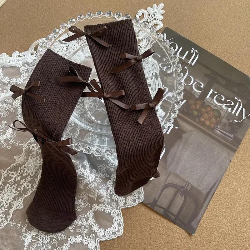 2 Pairs Girls Cotton Tube Socks With Cute Bow Vertical Striped Baby Stockings For Spring Autumn Winter New Arrival