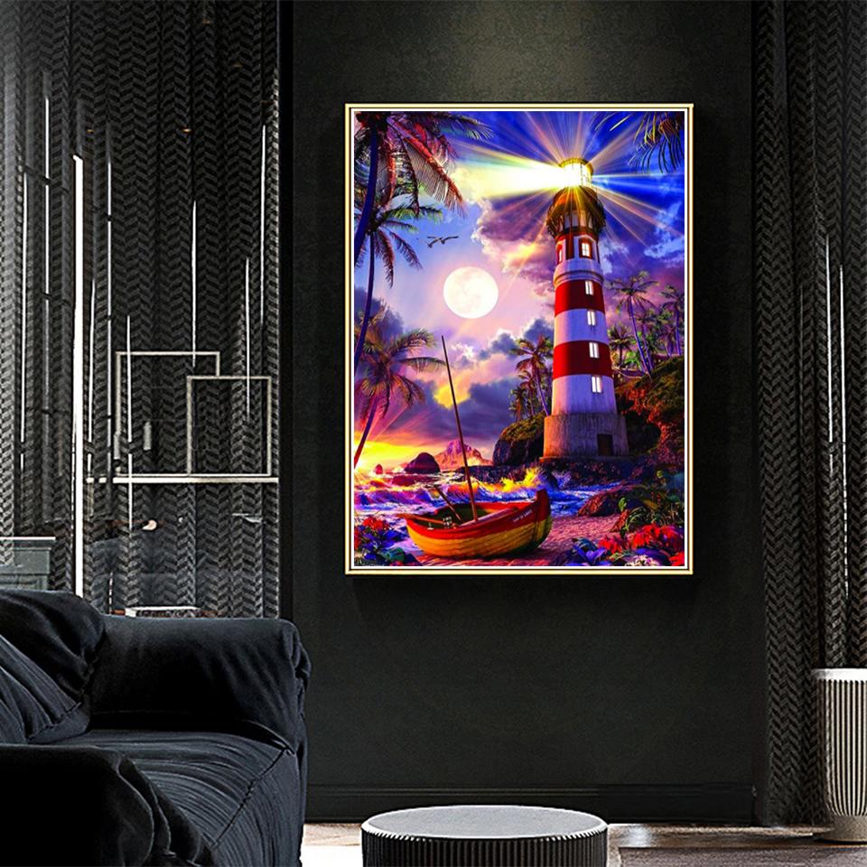 DIY 5D Lighthouse Landscape Diamond Painting Rhinestone Picture Full Round Full Diamond Embroidery Gift Mosaic Decoration Kit