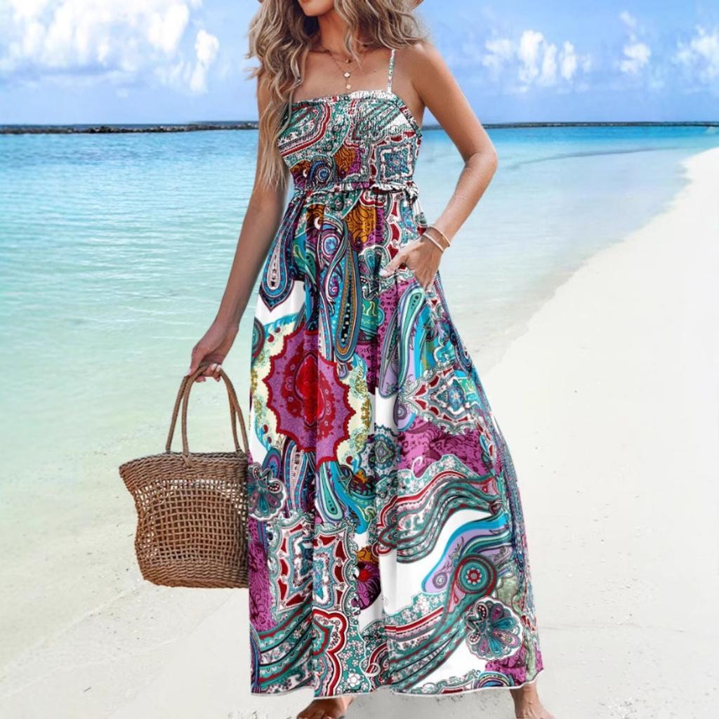 Women's  Summer Fashion Printed Backless Strapless Maxi Suspender Dress for Vacation