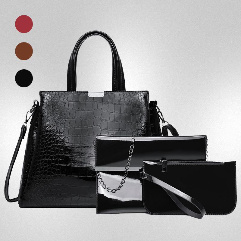New patent leather handbag crocodile pattern simple and fashionable large-capacity women's bag set magnetic buckle shoulder messenger bag handbag