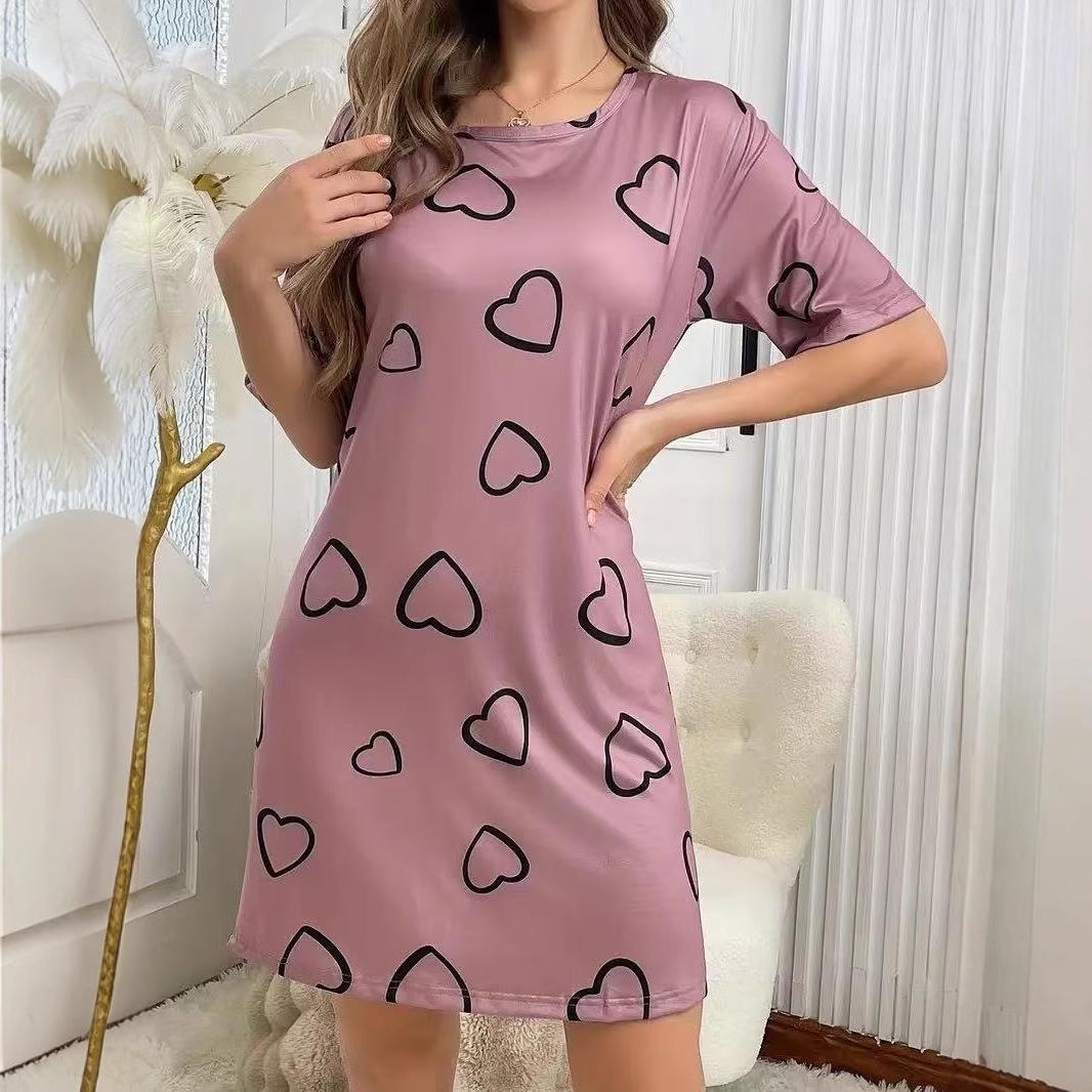 Women s Heart Print Short Sleeve Nightdress, Casual Loose Sleep Dress, Soft Loungewear Nightshirt for Summer S