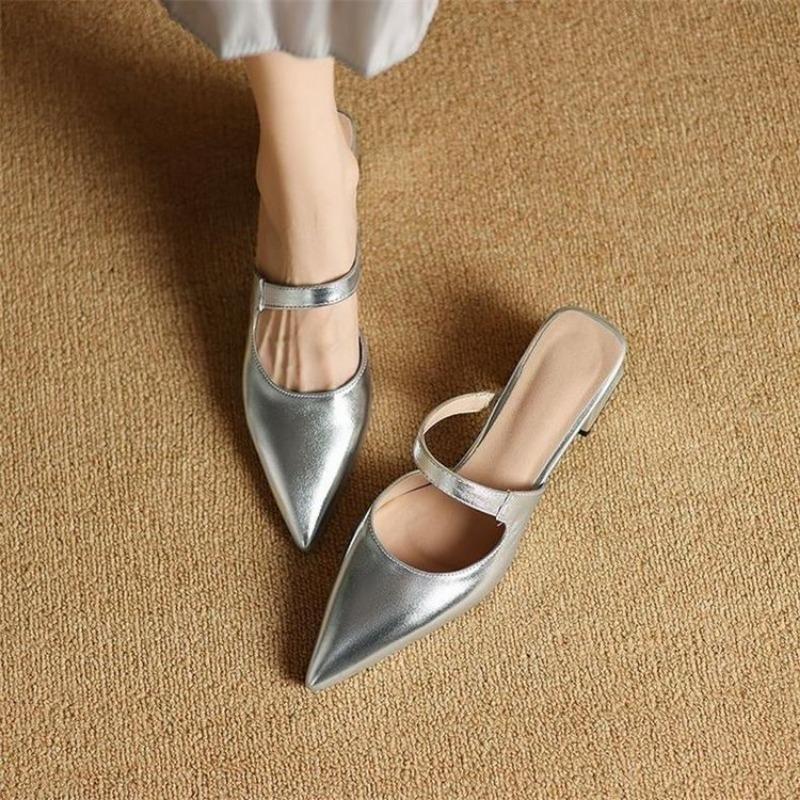 

Temperament pointed thick heel silver single shoes new simple high sense fashion bag head high heel slippers 35 серебряный