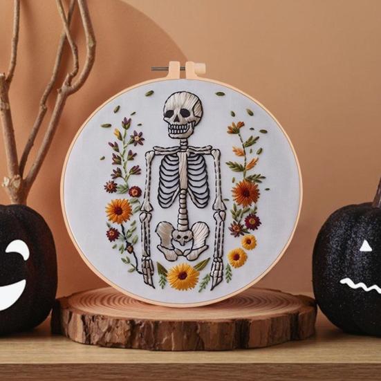 1 Set Halloween Embroidery Kit with Hoop Threads Scissors Threader Beginners Gothic Stamped Cross Stitch Hand Embroidery Starter Kit