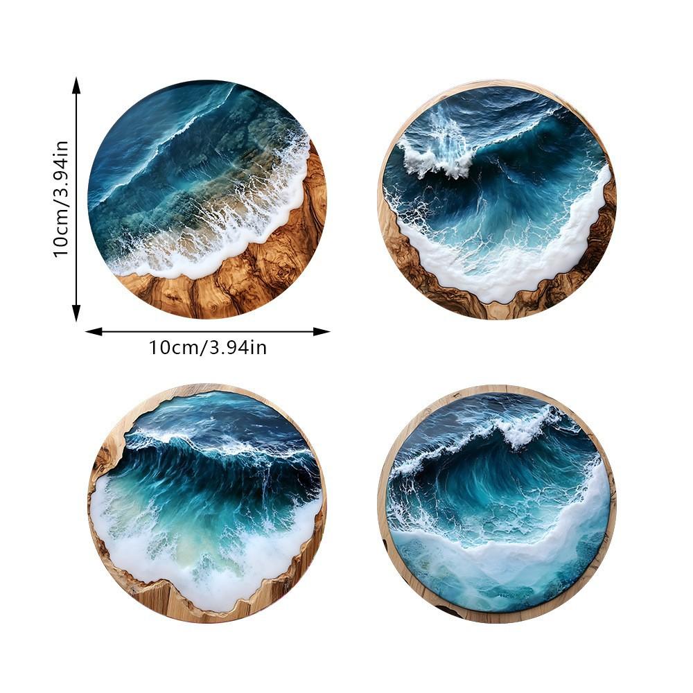 4Pcs New Blue Ocean Round Wooden Coaster for Home, Cafe, Party, Table Decoration, Coaster, Placemat Supplies