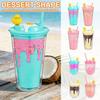Cute Ice Cream Straw Cup Creative Double Layer Plastic Water Bottle With Crushed Ice Decor Portable Tumbler For Girls Kids Gift