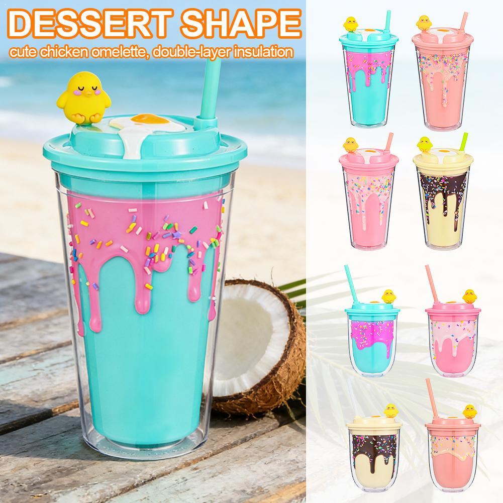 Cute Ice Cream Straw Cup Creative Double Layer Plastic Water Bottle With Crushed Ice Decor Portable Tumbler For Girls Kids Gift
