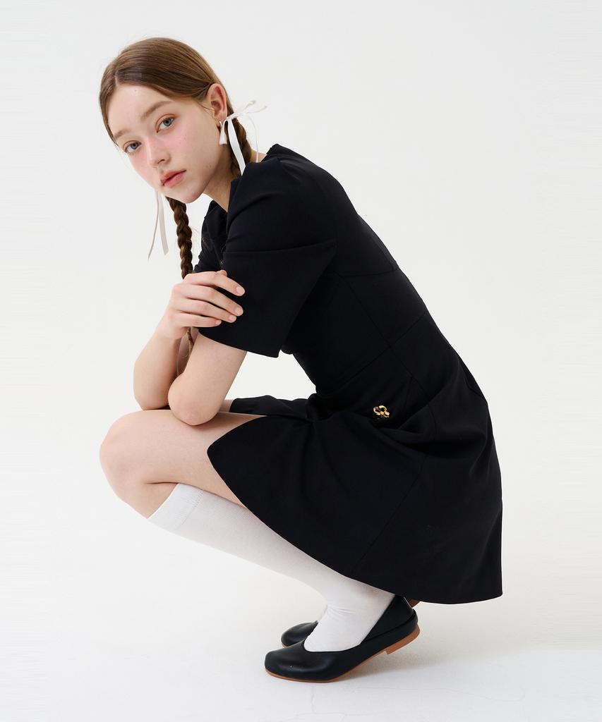 Boyeon Gold Button Volume-Up Mini Dress Navy 0147