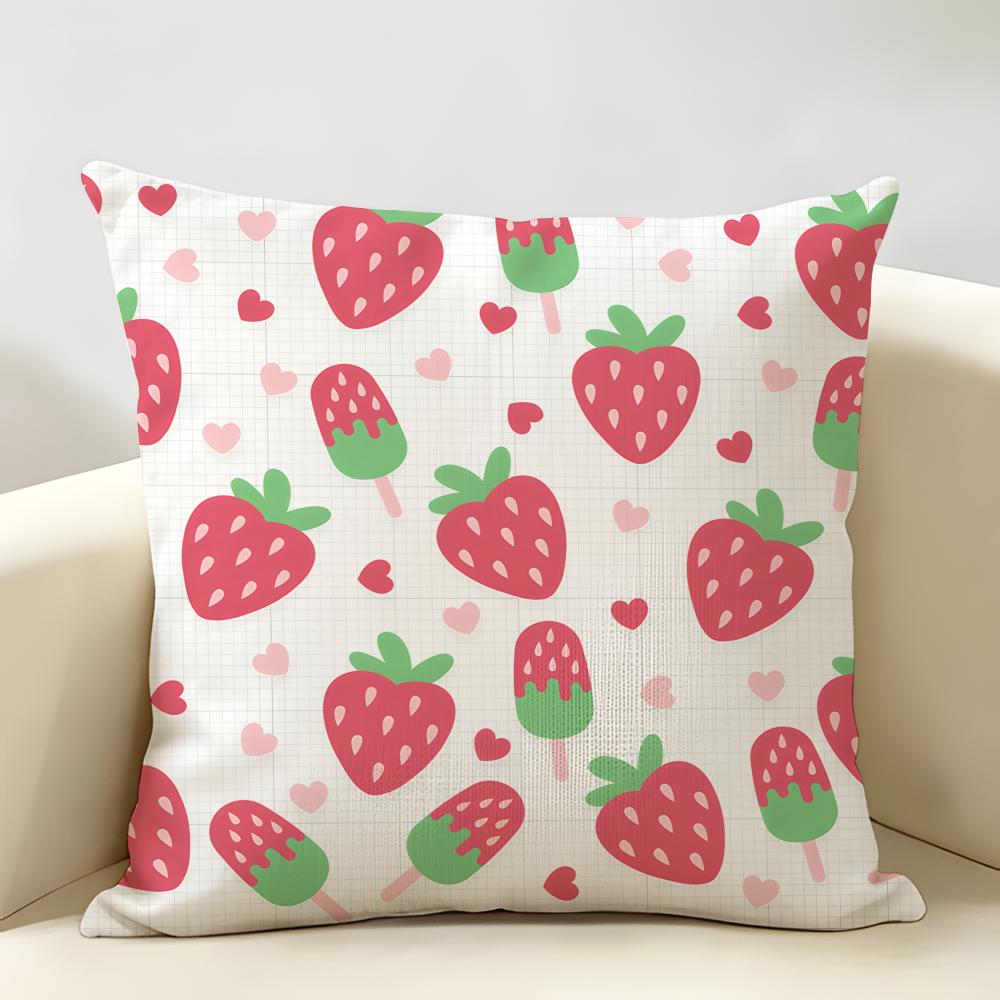 Cute Strawberry Girl Pink Cushion Cover Natural Linen Organic Fabric DoubleSided Printing Room Sofa Decor Pillow Case