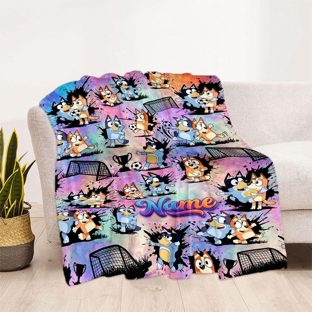 Bluey's Soccer Celebration Customize Your Name Blanket Lightweight Customizable Blanket Ultra-Soft Perfect for Couch Seaside Living Room Livingroom