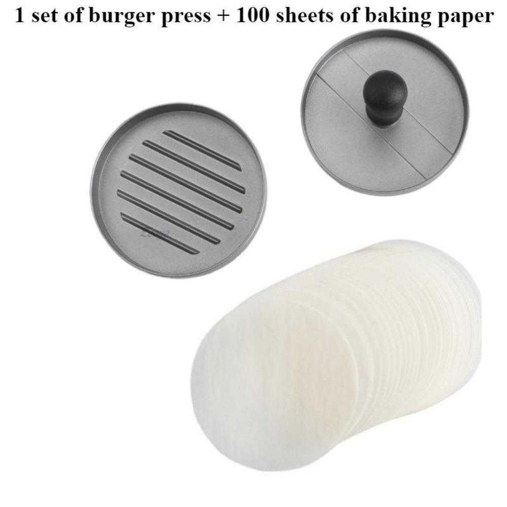 

Пресс для бургеров 4,5 дюйма, ручной, металлический, алюминиевое антипригарное покрытие, 100 листов промасленной бумаги, пресс для бургеров, прочный и простой в очистке 1Set